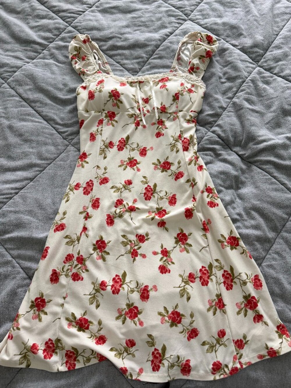 Cottagecore Red Floral Milkmaid Mini Dress with Lace Trim